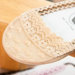 Women's beige lace low cut boat socks, thin invisible liner socks for daily wear and fashion.