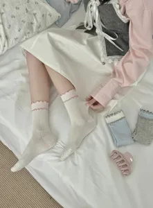 Japanese style women cream mid-calf socks with double lettuce edge mesh cotton design.