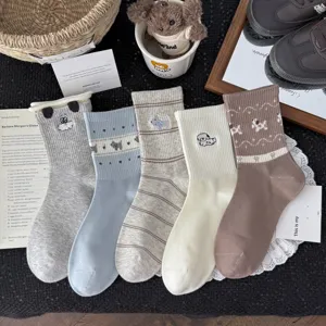 Cute cartoon embroidered puppy women socks cotton mid tube kawaii casual breathable pairs