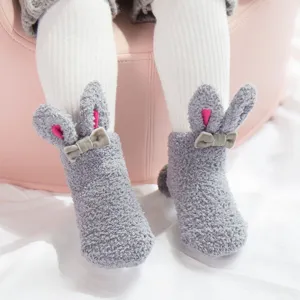Cute plush rabbit ear baby socks soft coral fleece non-slip infant warm mid-tube footwear