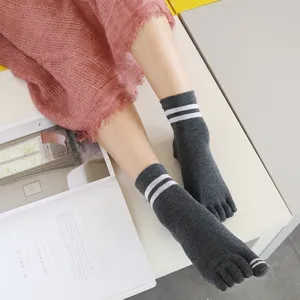 Women five toe socks dark grey cotton mid tube socks with double stripes daily wear.