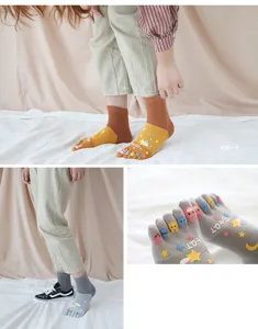 Close-up detail of cute cartoon five-finger toe socks, breathable cotton material for spring.