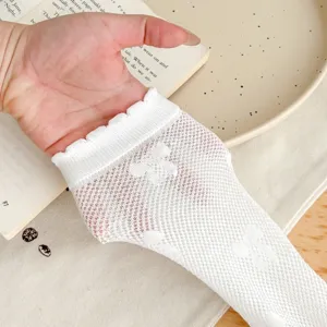 White mesh summer lace ruffle socks detail view, breathable ballet style mid-tube socks for women.