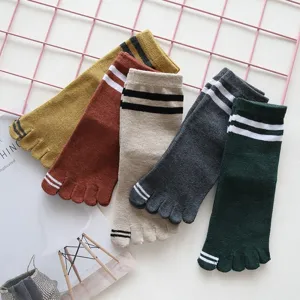 Women autumn winter cotton toe socks mid calf striped five finger socks casual sports