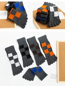 Men's thick cotton five finger socks with colorful checkerboard pattern, cozy winter wear.