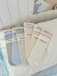 Japanese women cotton mid tube socks sweet double ruffle mesh cream slouch socks spring summer