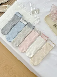 Japanese style women mid-calf socks double lettuce edge cotton sweet cute slouch socks
