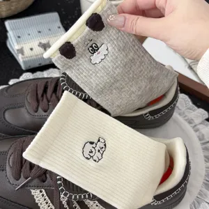 Women Cute Cartoon Dog Embroidery Mid-Calf Cotton Socks Casual Breathable Comfortable Daily Wear