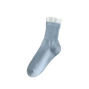 Womens ruffled crew socks cute light blue cotton mid tube breathable casual socks