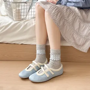 Calzini a metà tubo a quadri grigioblu da donna, stile giapponese in cotone traspirante e carino.