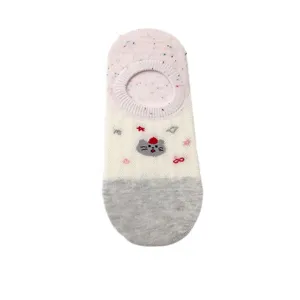 Women's low-cut invisible boat socks with cute cat embroidery and color block design.