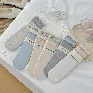 Women Japanese Style Ruffle Trim Crew Socks Breathable Combed Cotton Mesh Sweet Cute Daily Casual Fashion Hosiery