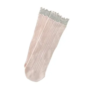 Japanese style sweet women mid-calf socks with double layered lettuce edge mesh cotton material