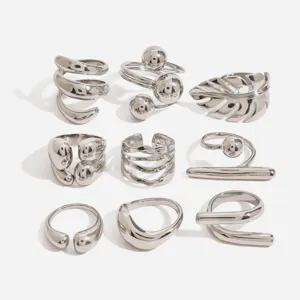 Minimalist stainless steel geometric silver rings set, unique chunky abstract finger jewelry.