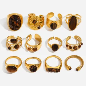 Anello in Acciaio Inossidabile con Occhio di Tigre Vintage Francese Donna Aperto Regolabile Geometrico Gioiello da Dito Regalo