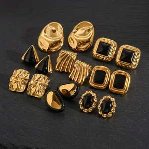 Vintage gold black stainless steel chunky geometric earrings set for women chic trend