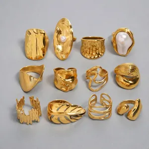 Bague Ouverte en Acier Inoxydable pour Femmes Vintage Français Plaqué Or 18K Perle Géométrique Bijou de Doigt Résistant à l'Eau