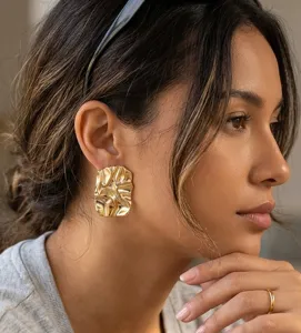 Golden irregular textured earrings, vintage style stainless steel geometric ear studs for women.