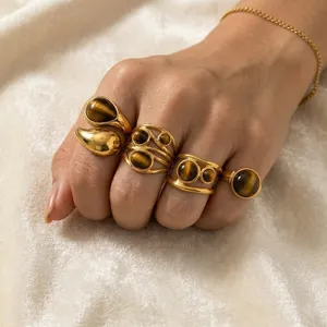 Retro Edelstahl Naturstein Offener Ring Für Damen Vintage Geometrisches Metall Mode Finger Schmuck Ring Geschenk