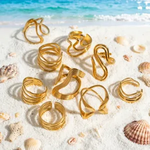 Goldener Edelstahl unregelmäßige geometrische Ringe minimalistischer Strand Schmuck Set