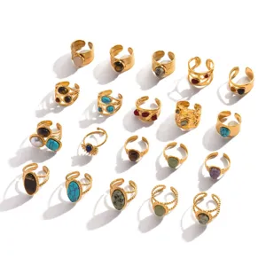 Europäischer Retro Edelstahl Naturstein Offener Ring Vintage Gold Textur Mode Finger Schmuck Geschenk Für Damen