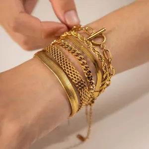 Nahaufnahme von mehrlagigen goldenen Edelstahl Armbändern am Handgelenk Detailansicht
