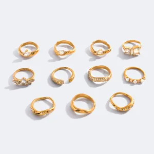 Set di Anelli in Acciaio Inossidabile Dorato per Donne Anelli Aperti Geometrici in Strass e Perla Artificiale Regalo di Gioielli alla Moda