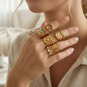 Anelli impilabili in acciaio inossidabile dorato vintage boho sole luna gioielli donna