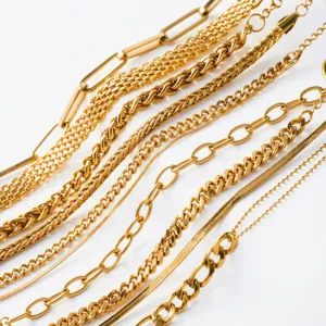 Goldfarbenes Edelstahl Ketten Armband Set, vintage Retro Stil Damen Schmuck Alltag.