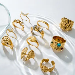 Set di anelli statement in acciaio inossidabile dorato, anelli aperti geometrici per donna.