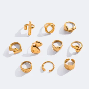 Vintage Francés Acero Inoxidable Anillo Abierto Irregular Conjunto Dorado Geométrico Apilable Anillo de Dedo Moda Joyería Regalo