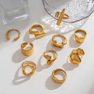 Conjunto de anillos abiertos irregulares dorados de acero inoxidable moda mujer