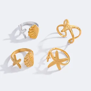 Edelstahl Seestern Muschel Offener Ring Urlaubs Ozean Stil Verstellbar Mode Fingerring Schmuck Für Damen