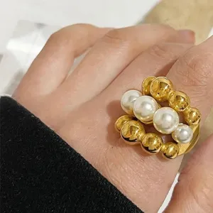 Grande anello perla dorata vintage acciaio inossidabile gioiello dito donna moda accessorio.