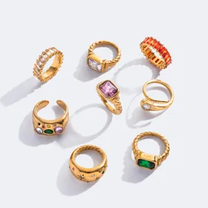 Vintage Edelstahl Offener Ring Für Damen Vergoldet Bunt Strass Verstellbar Modischer Fingerring Geschenk