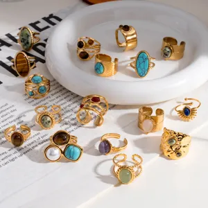 Vintage goldener edelstahl offene ringe mit naturstein boho schmuck großhandel für damen