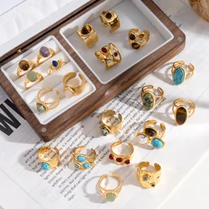 Vintage Gold Edelstahl Naturstein Offene Ringe Set Damen Mode Schmuck Grosshandel