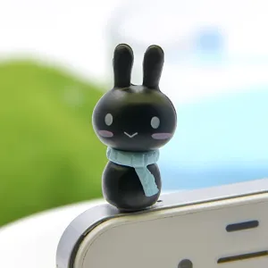 Cute black rabbit phone dust plug with blue scarf, 3.5mm universal cartoon accessory.