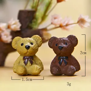 Miniature resin teddy bear couple figurines with bows, cute micro landscape decor items.