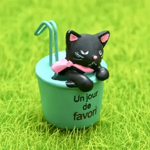 Miniatur schwarze Katze Harz Figur Tasse Hängeornament, süße Garten Mikrolandschaft Deko