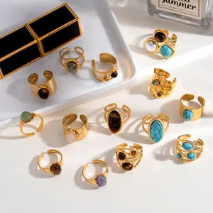 Vintage Gold Edelstahl Ringe Set mit Naturstein Türkis und Tigerauge, Retro Stil Damenschmuck.