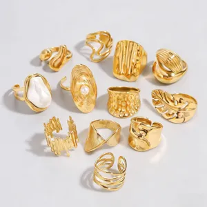 Anello Aperto Minimalista in Acciaio Inossidabile per Donna Placcato Oro Irregolare Geometrico Perla Gioielli di Moda