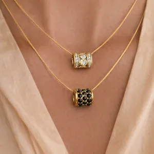 Doppelreihige Edelstahl Halskette mit zylindrischen Strass und Tropföl Anhängern für Damen.
