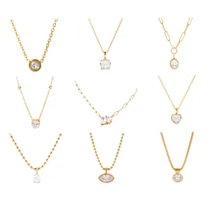 Set de collar con colgante de circonita de acero inoxidable, elegante cadena de oro moda