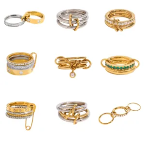 Anillos apilados de acero inoxidable metal mixto multi-banda joyería de lujo mayorista