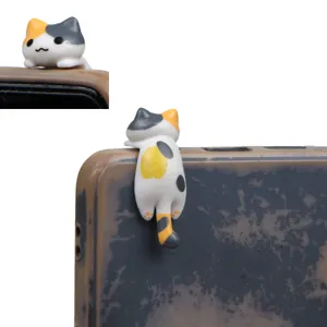 Cute calico cat phone dust plug and charm, resin hanging kitty accessory for smartphone