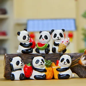 Cute panda resin figurines detail view, mini succulent bonsai garden micro landscape decor.