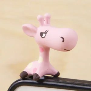 Cute pink giraffe cartoon phone dust plug detail view, adorable 3.5mm mobile accessory.
