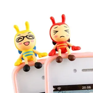 Cute cartoon bee dust plug and mini landscape figurine, 3.5mm phone charm set, 2pcs.