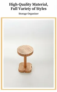 Wooden display stand detail, walnut finish, clover base, ideal for jewelry or mini figures.